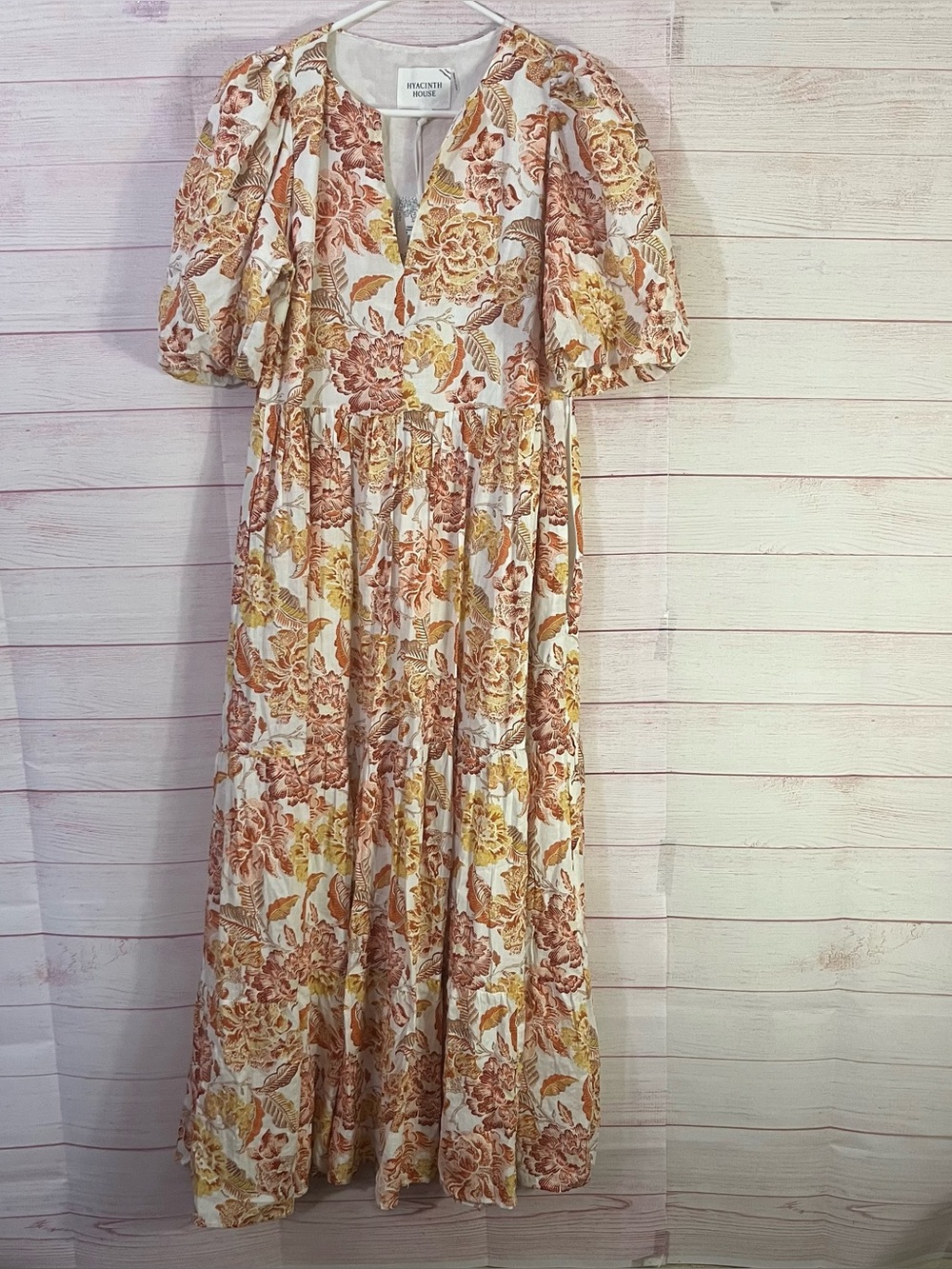 Hyacinth House NEW Saffron Floral V-Neckline Puff Sleeves Cisco Maxi Dress Small